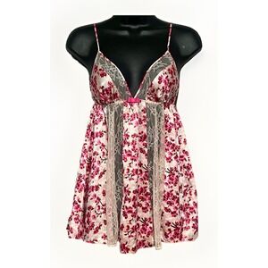 Victoria's Secret Satin Slip Dress Pink Floral Lace Trim Size M Sleepwear
